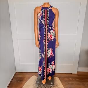 Three Pink Hearts Navy Floral Halter Cameo Maxi Dress w/ Front Slit-Size: Medium
